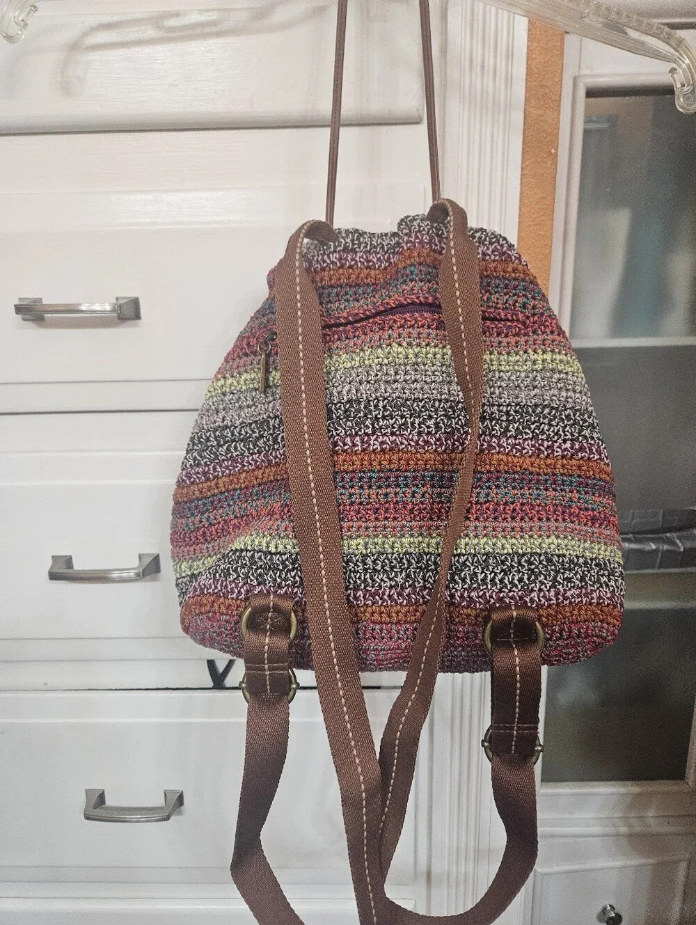 The Sak Striped Crochet Multicolor Backpack with Brown Trim